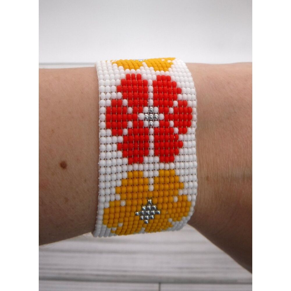 Loom Beaded Bracelet Red & Yellow Floral